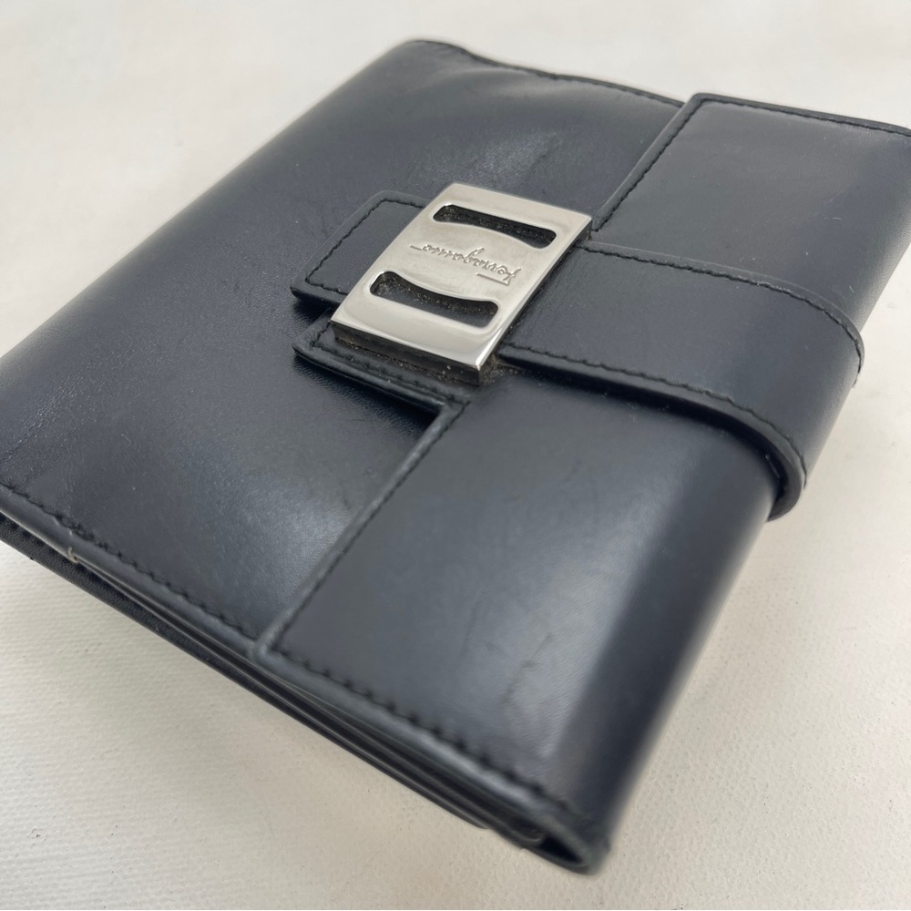 Salvatore Ferragamo Black Leather Multifold Wallet with Silver Buckle - Picture 12 of 14